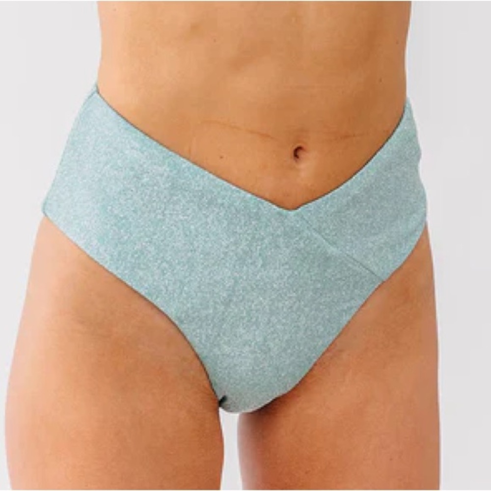 Aqua Blue glitter High-Waisted bikini Bottoms- large